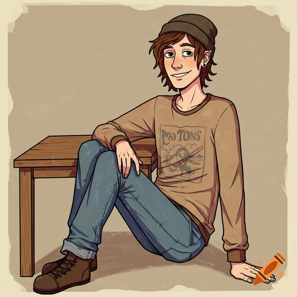 Cartoon illustration of a young man with brown hair, beanie, brown graphic shirt, and jeans sitting by a table.