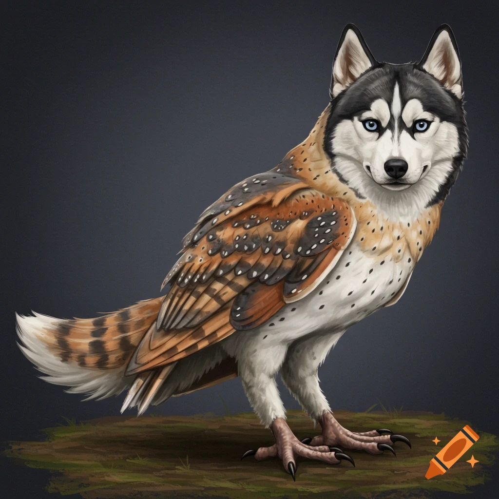 An image of a barn owl-Siberian husky hybrid with a husky head, an owl body, feathers, and talons.
