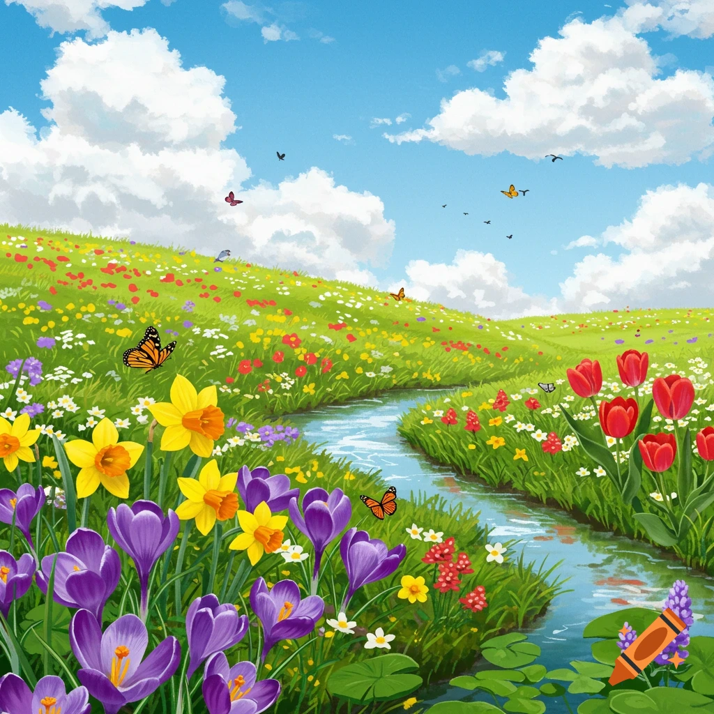 A vibrant spring meadow with a stream, colorful flowers, butterflies, and a blue sky.