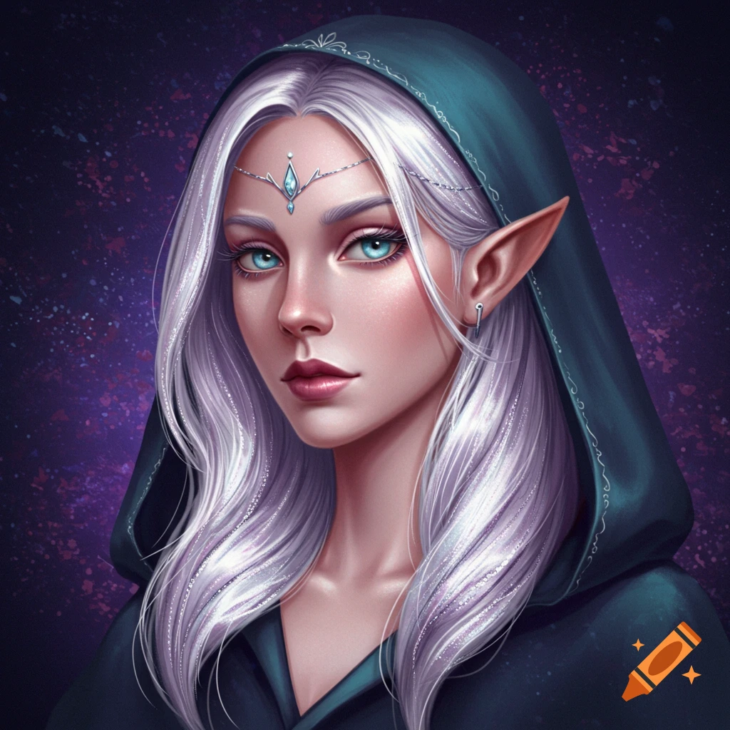An elf woman with white hair, blue eyes, and a hooded cloak.
