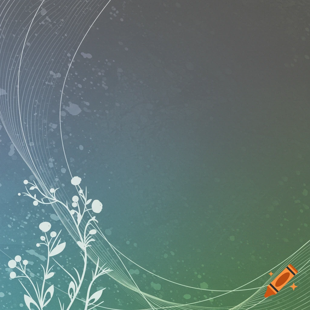 Abstract graphic design with white floral elements and swirling lines on a gray, blue, and green gradient background.