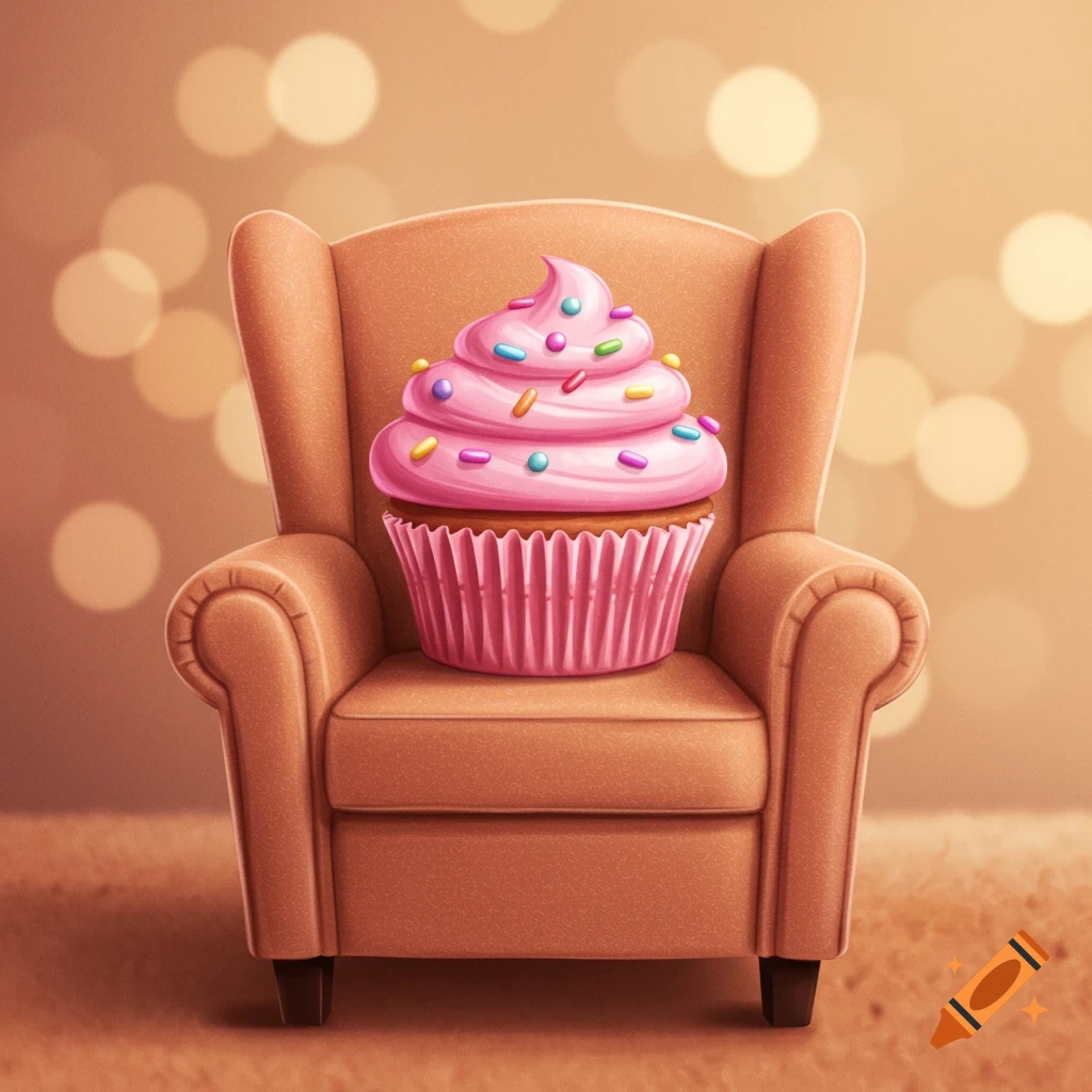 A cupcake with pink frosting and sprinkles sits on a comfy chair.