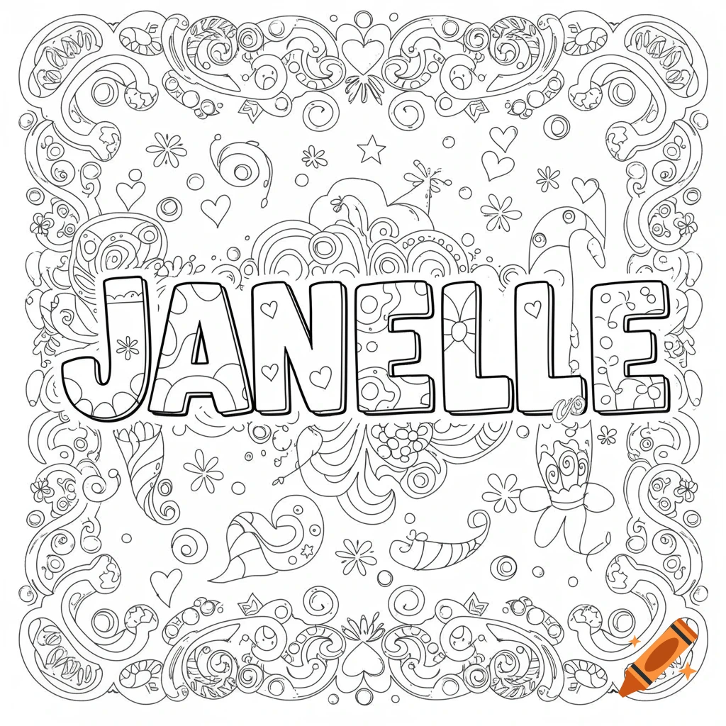 Black and white coloring page featuring the name Janelle surrounded by hearts, stars, swirls, and decorative patterns.
