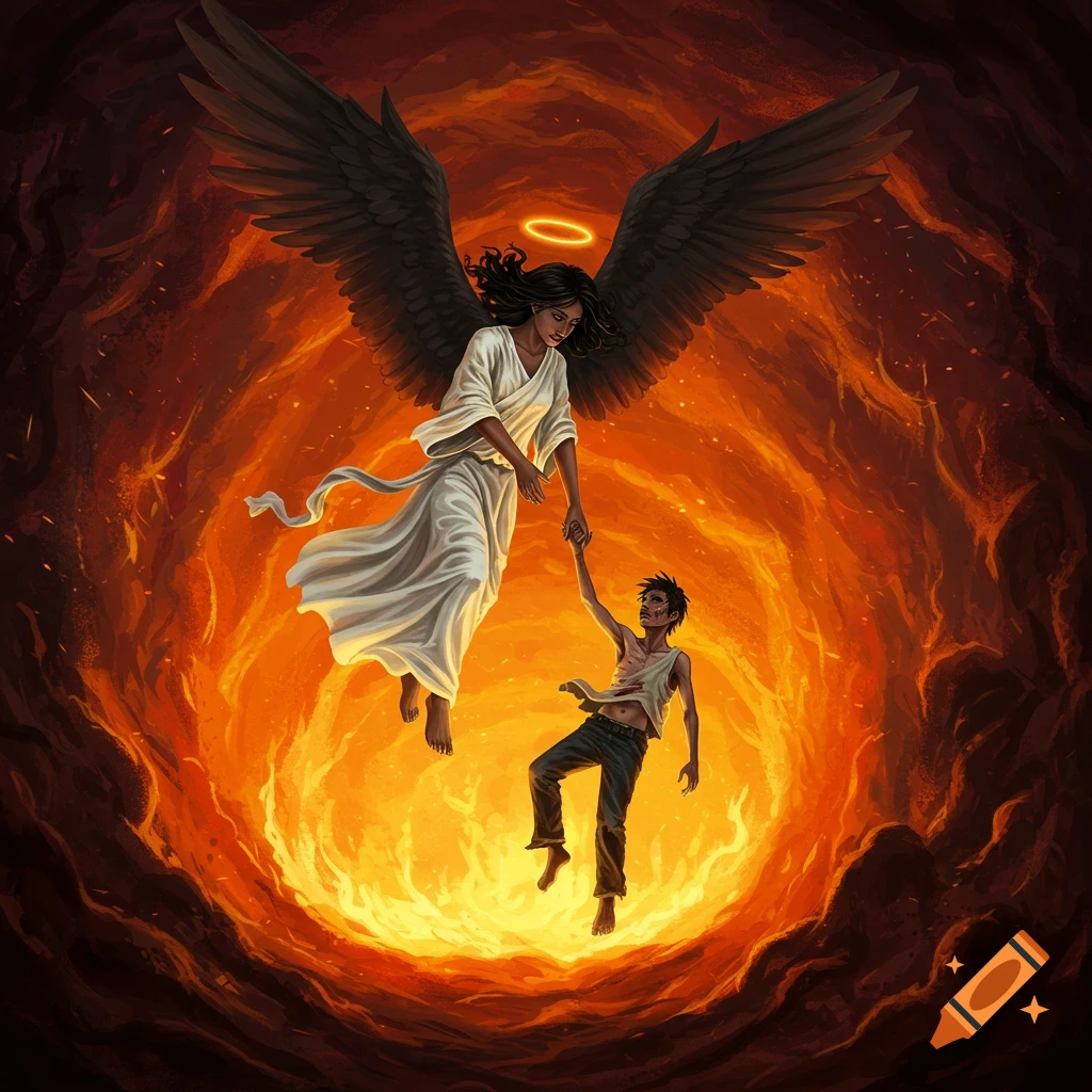 An angel with dark wings pulling a man out of a fiery pit.