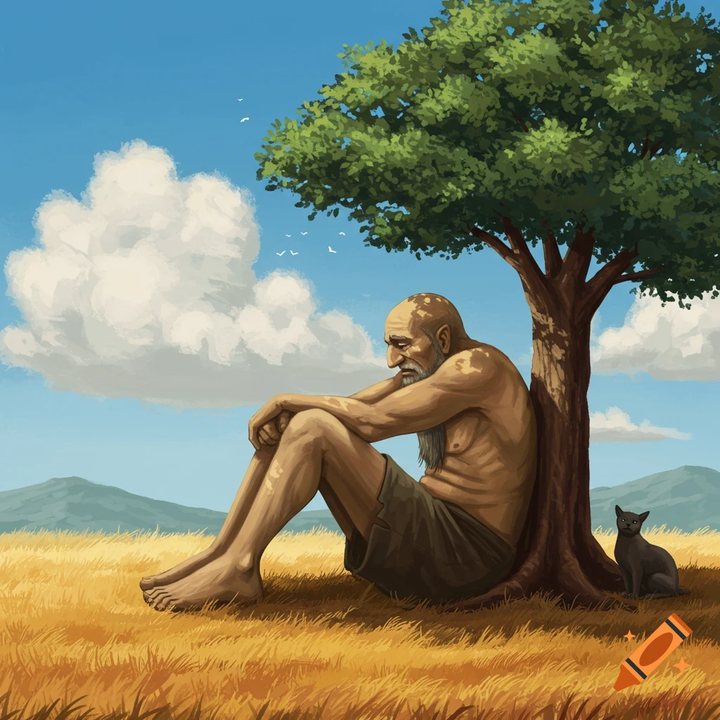Sad giant man sitting under a tree in a field, with a cat.