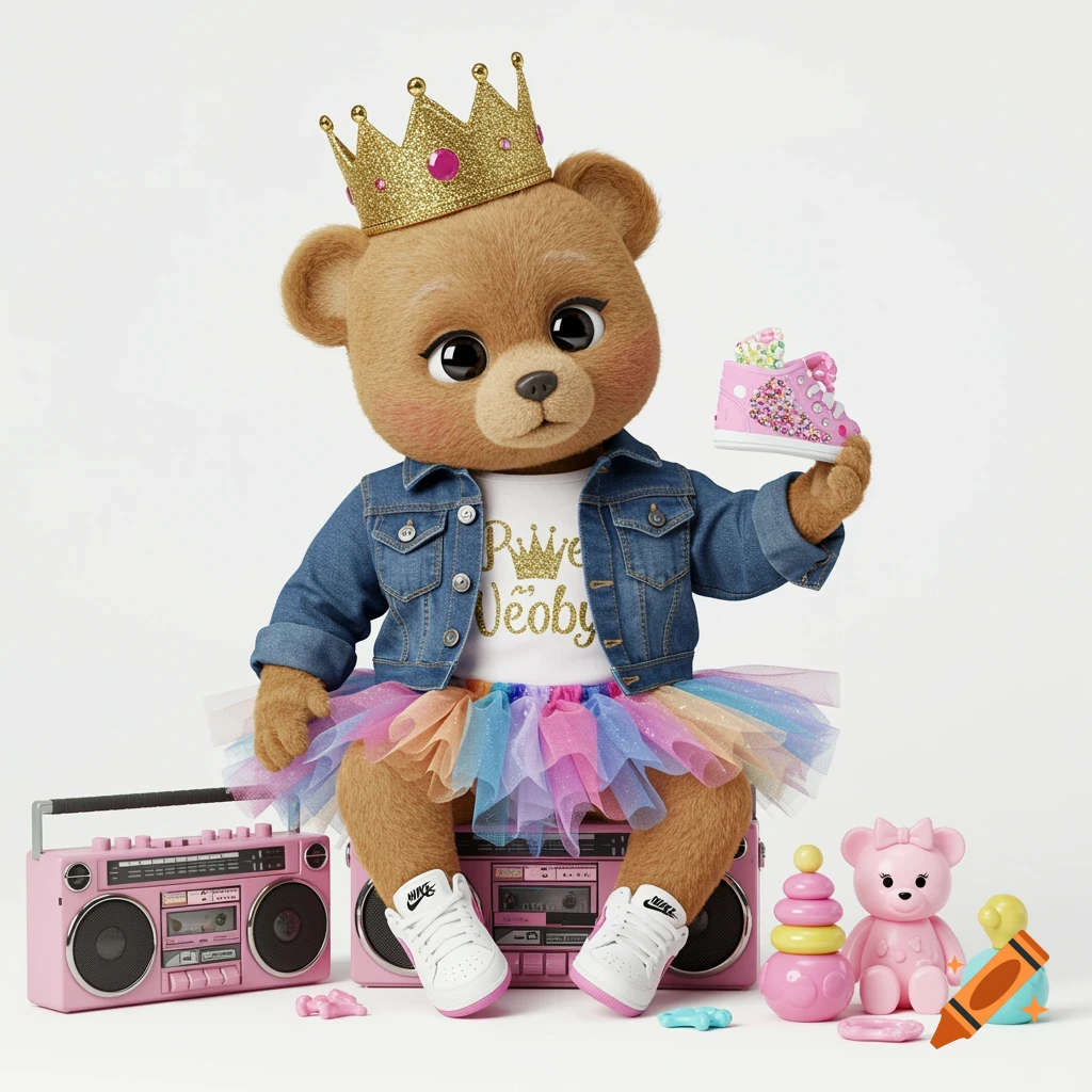 An adorable teddy bear wearing a crown, jean jacket, and tutu sits on a pink boom box with toys.