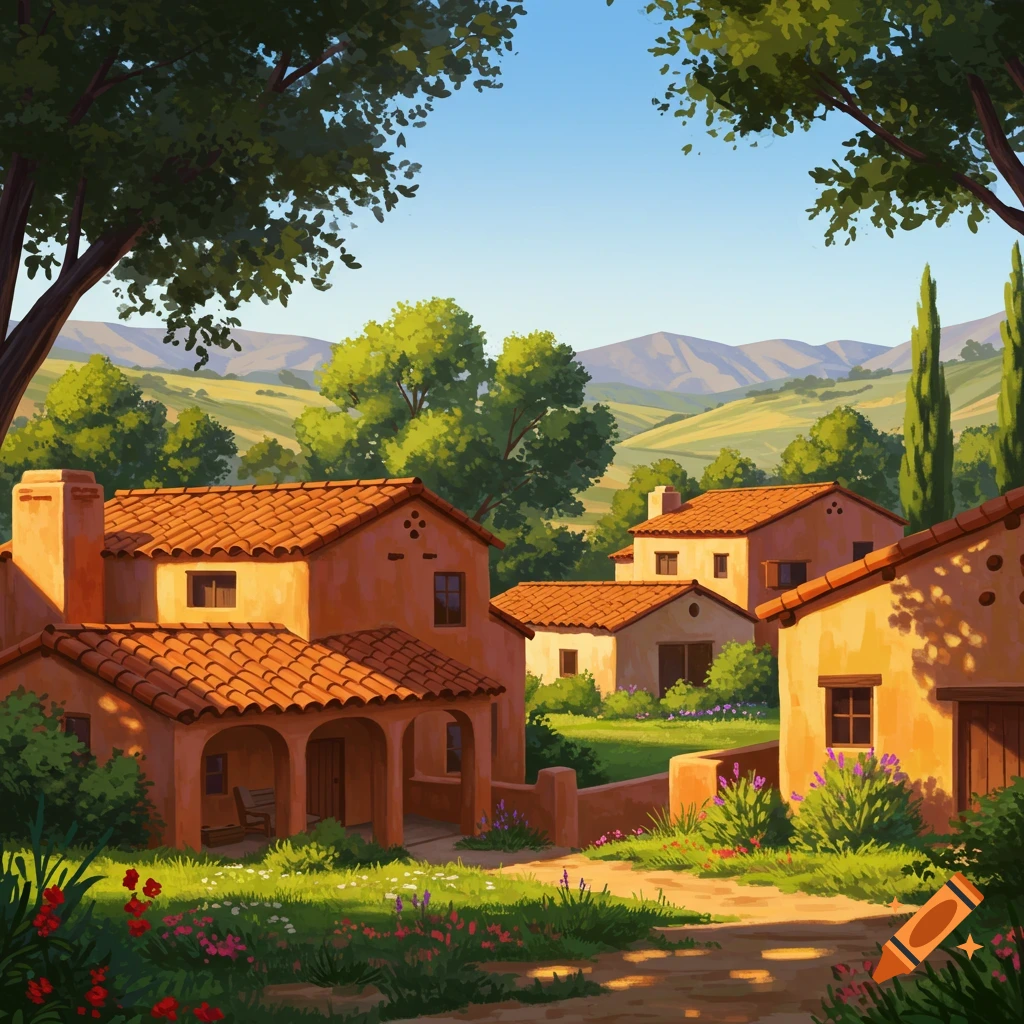 Terracotta-roofed houses nestled in a hilly, green landscape under a clear sky.