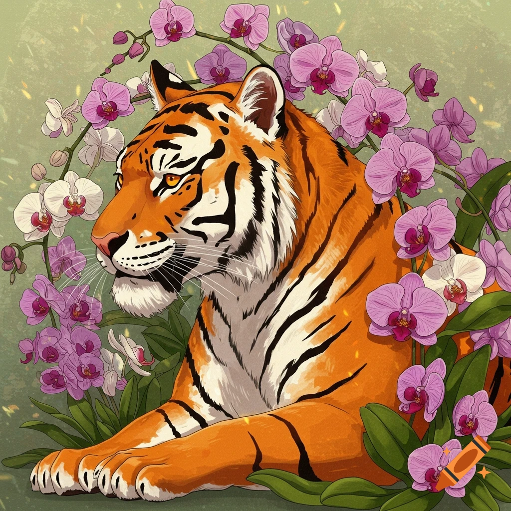 A tiger lying down surrounded by pink and white orchids.