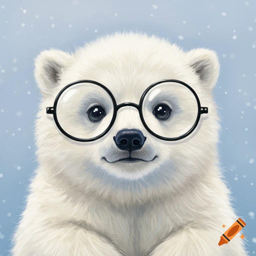 A cute polar bear cub wearing round glasses.