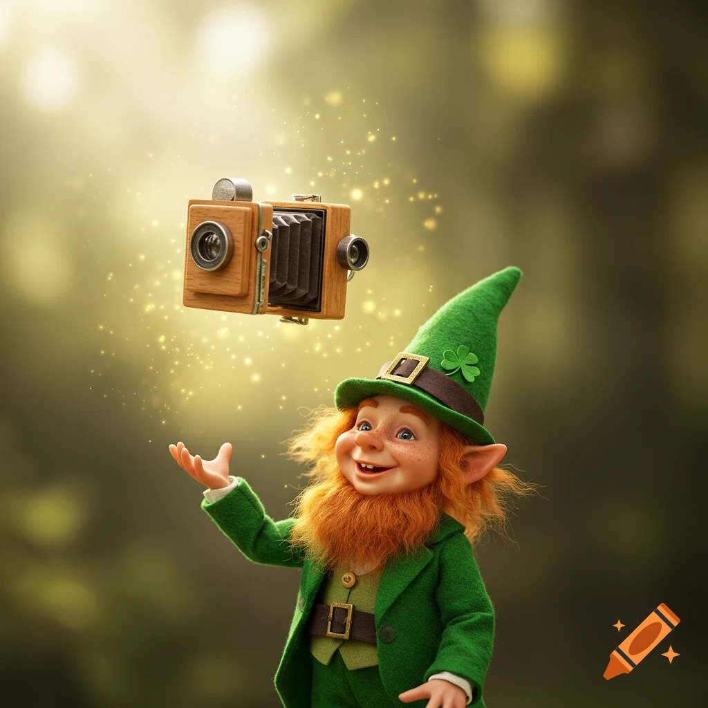 A leprechaun in green holds out a hand as a floating antique camera hovers above, surrounded by golden sparkles.
