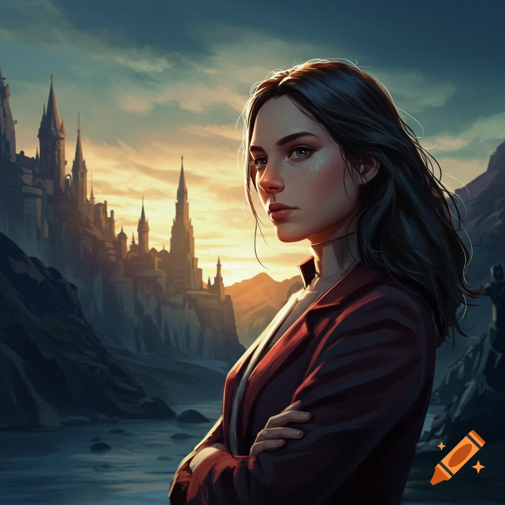 A woman in a blazer stands with crossed arms before a fantasy castle at sunset.