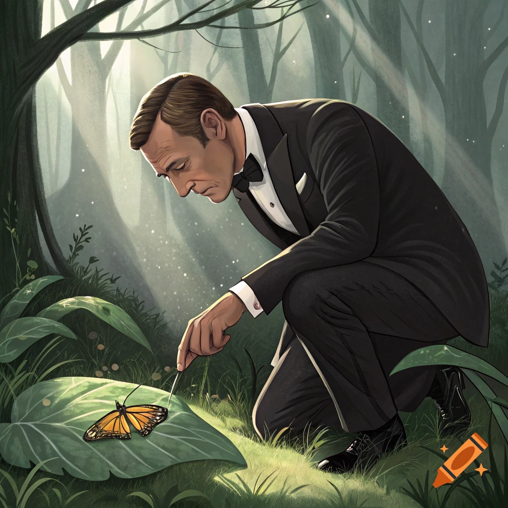 Man in a tuxedo kneels in a forest, examining a butterfly on a leaf. Illustration.