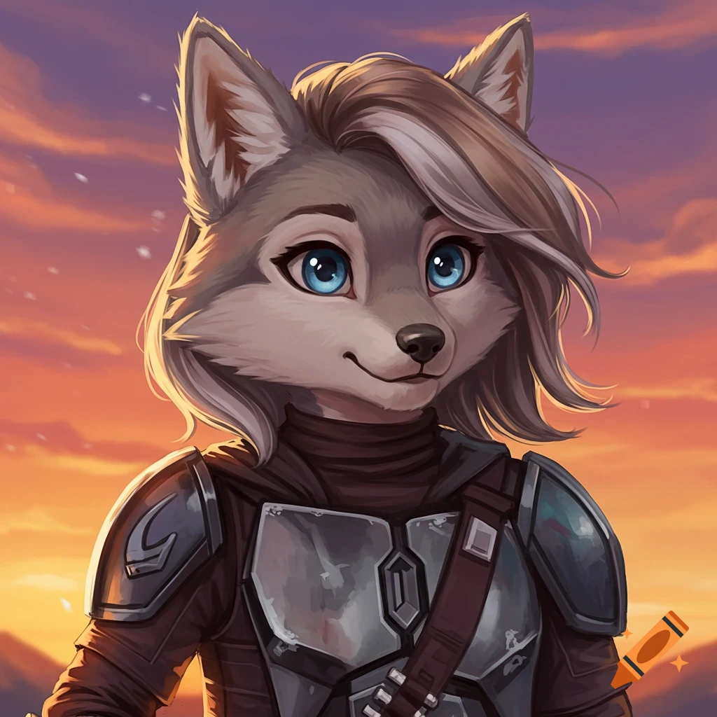 a furry wolf character in armor at sunset.
