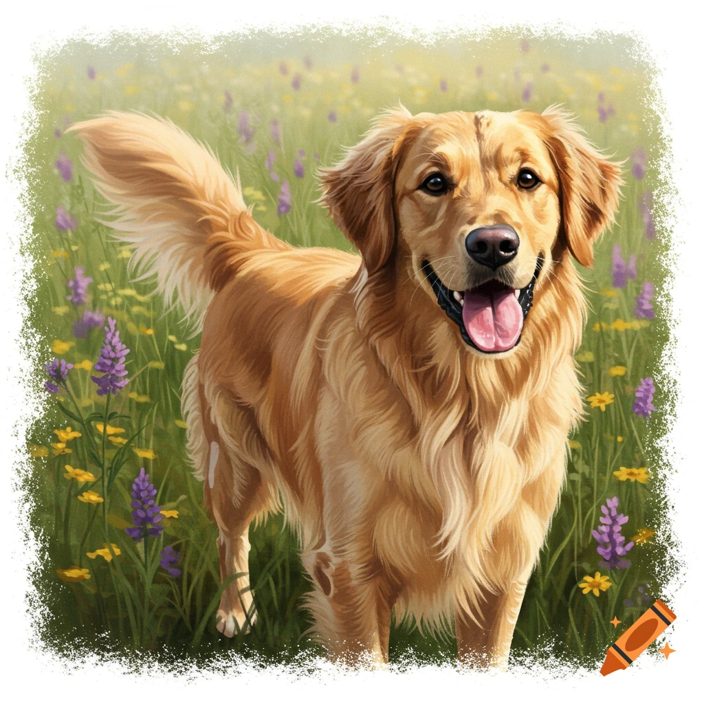 A Golden Retriever standing in a field of purple and yellow flowers.