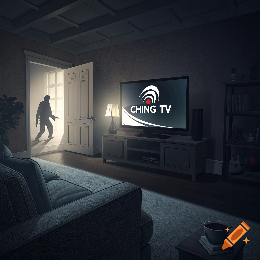 A dark living room with a TV displaying 'CHING TV' and a silhouetted figure entering through an open door from a bright hallway.