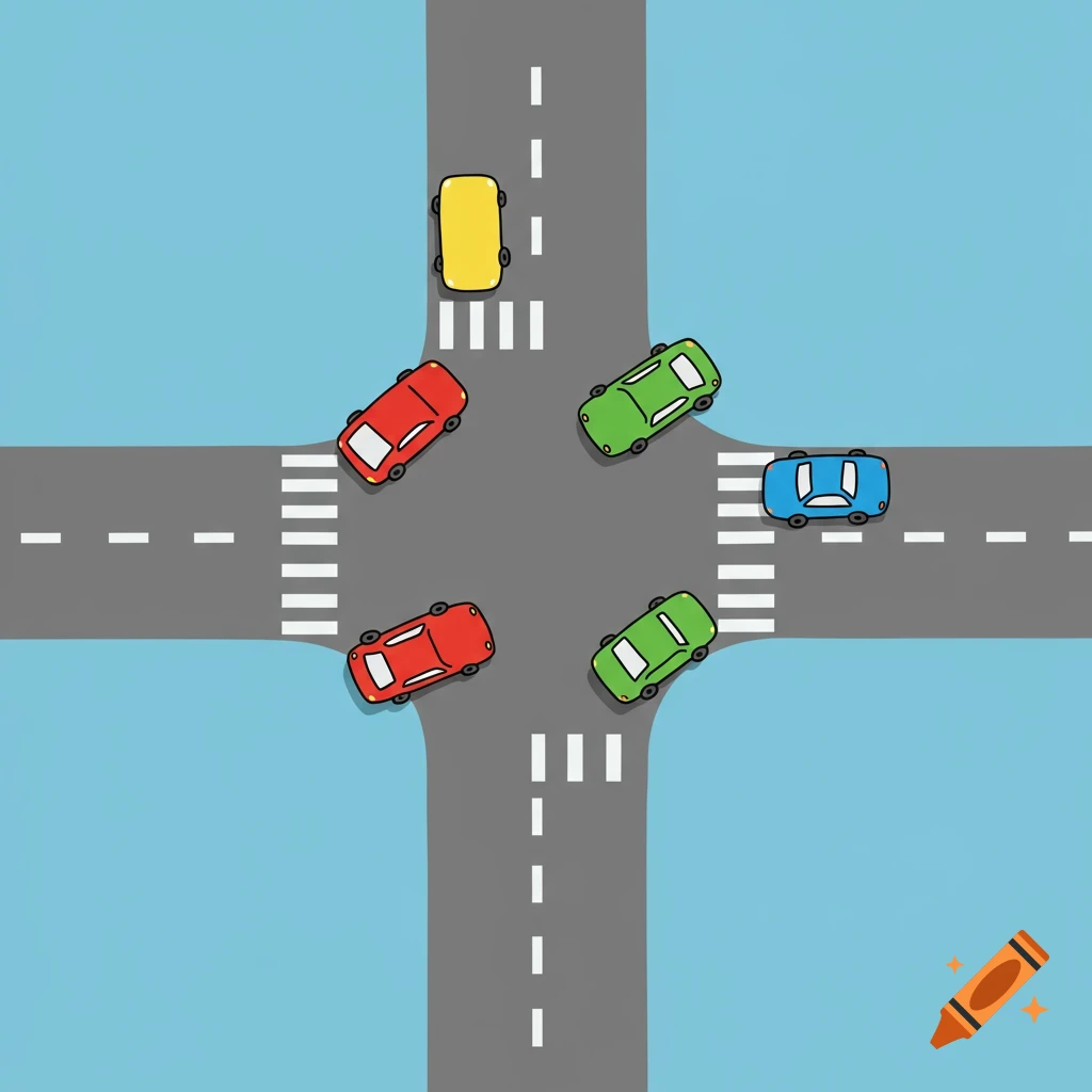 Cartoon overhead view of cars at a four-way intersection.
