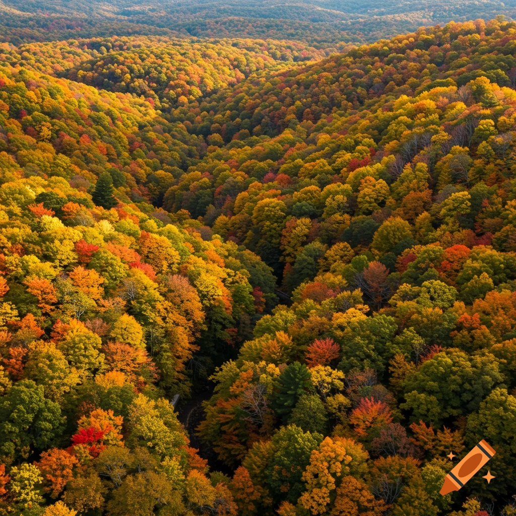 Aerial view of a forest in autumn with colorful red, orange, yellow, and green trees covering rolling hills.