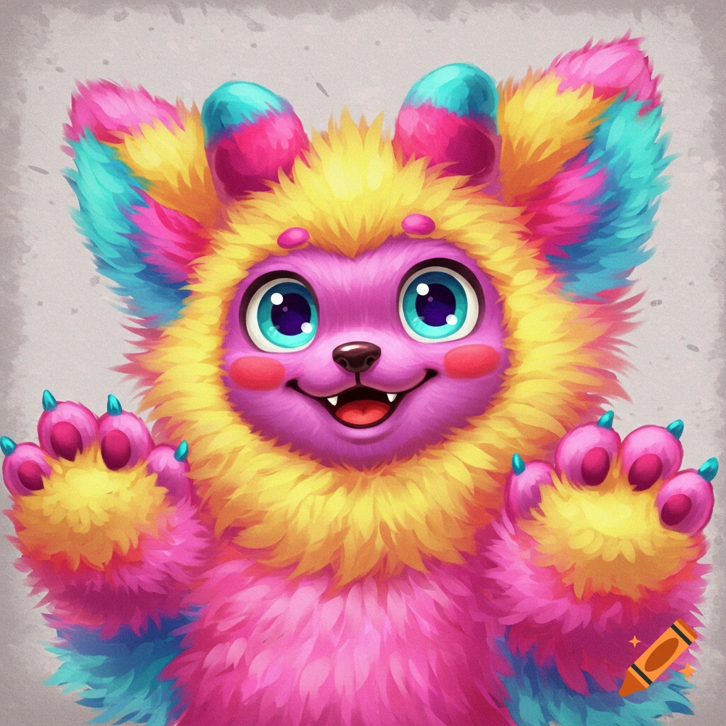 A colorful, fluffy pink, yellow, and blue furry fantasy creature with big eyes, smiling and raising its paws.