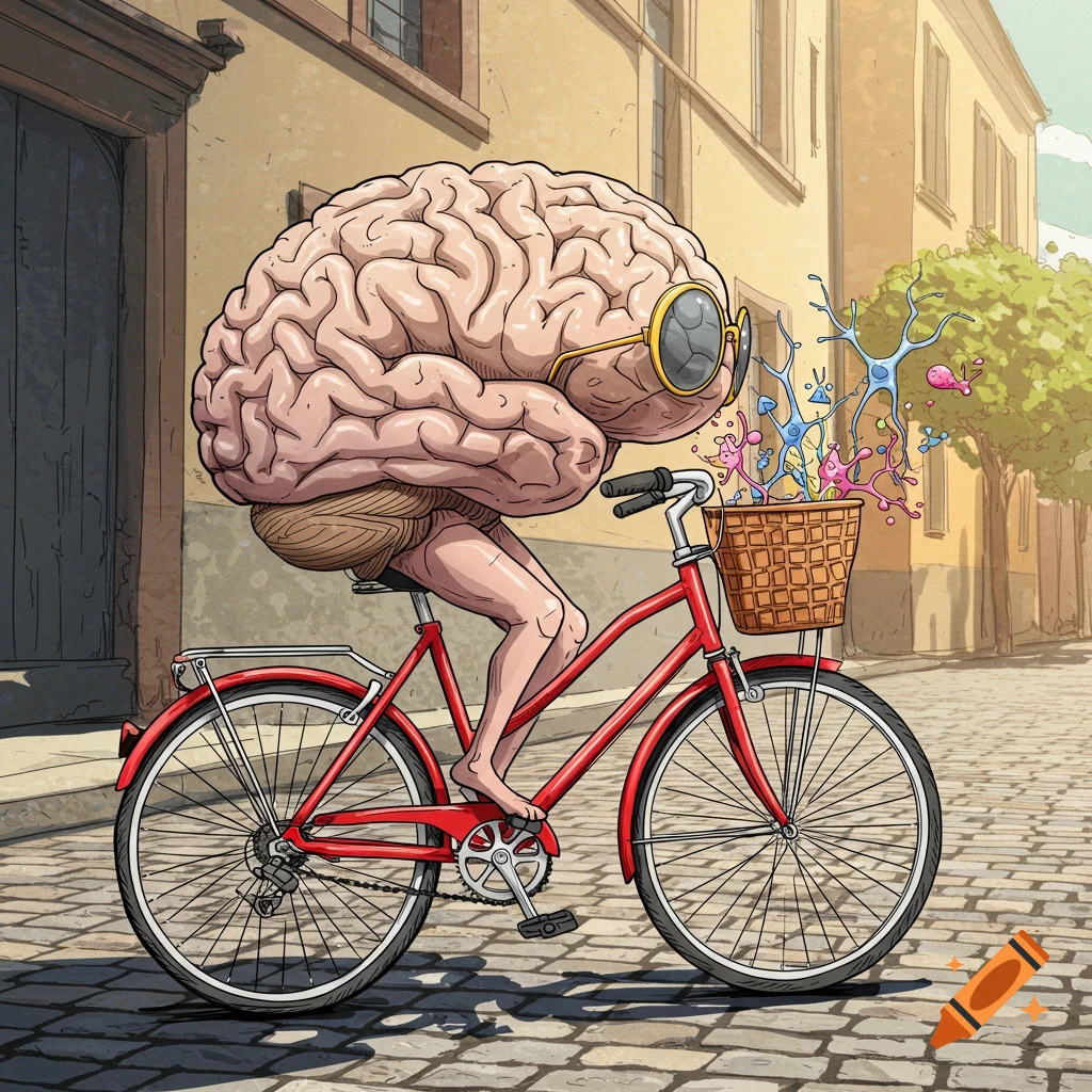 Illustration of a brain with legs and glasses riding a red bicycle on a cobblestone street.