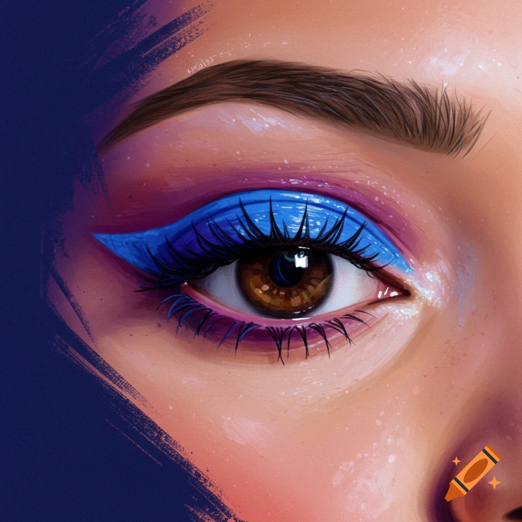 A close-up view of an eye with bright blue and purple winged eyeliner.