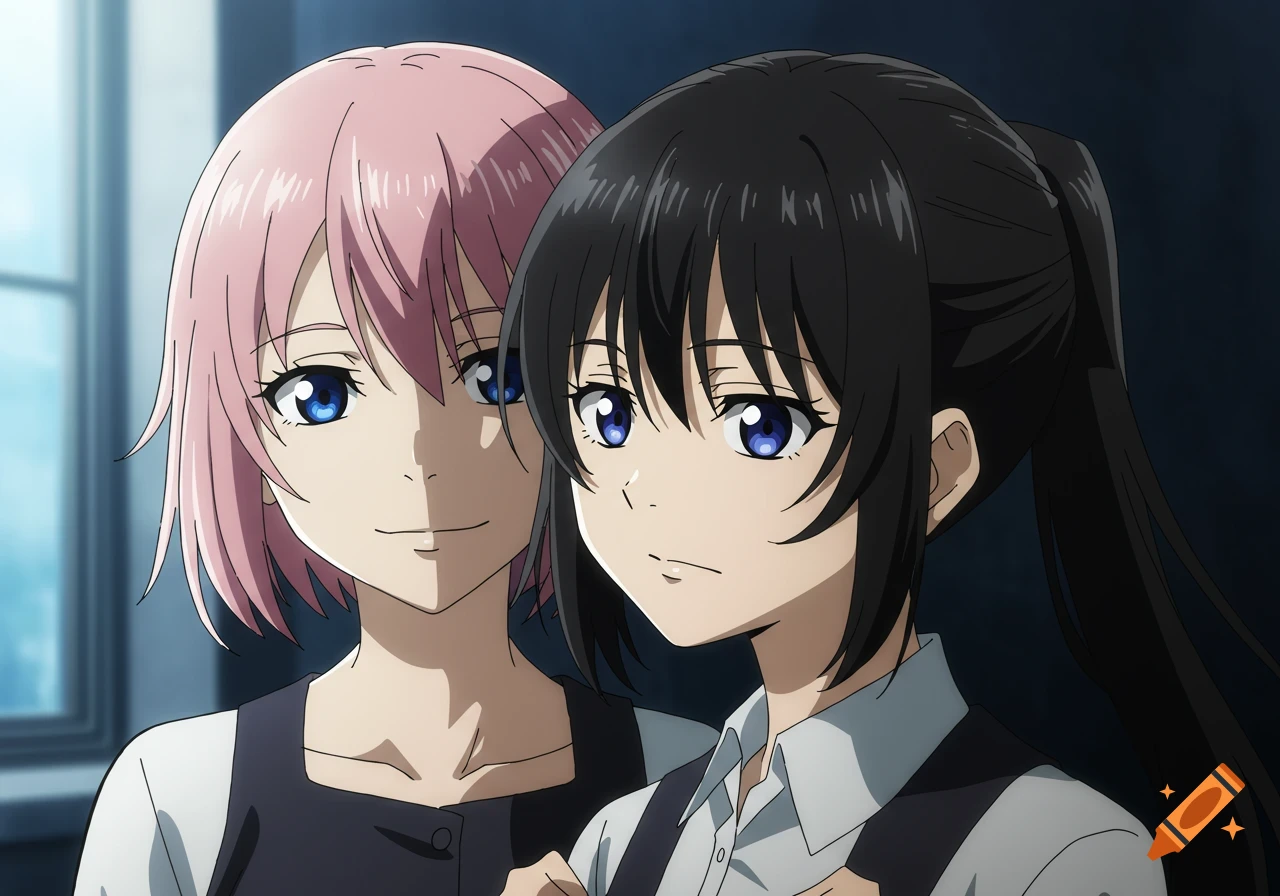 Two anime characters, one with pink hair and one with black hair, look forward.