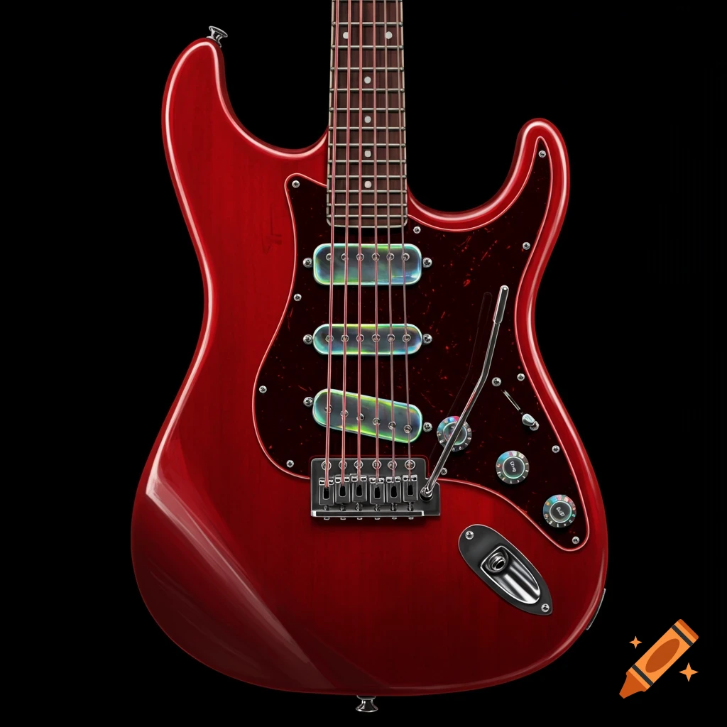 A red electric guitar on a black background.