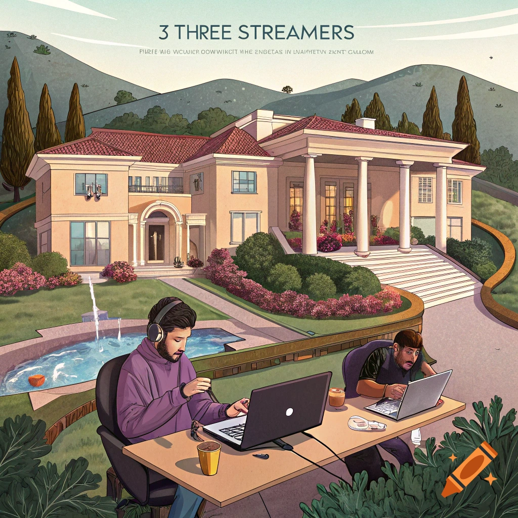 Two people streaming outside a mansion with a fountain and hills in the background.