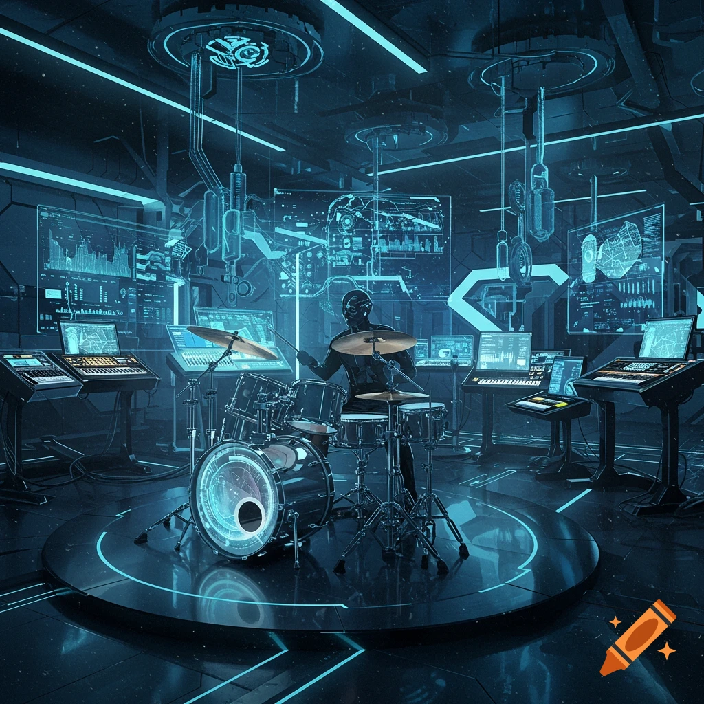 A figure playing drums in a futuristic music studio with glowing screens.