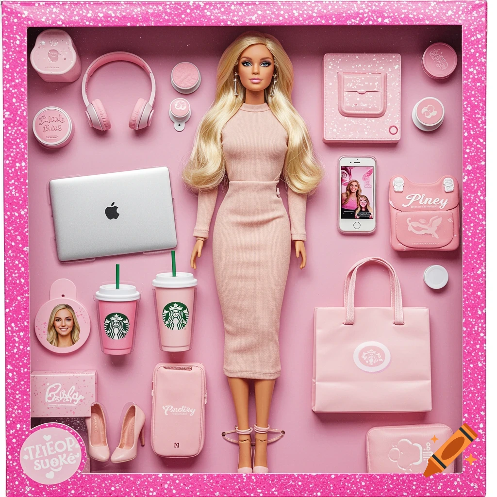 A blonde doll in a pink dress in a sparkly pink box with accessories including a laptop, headphones, coffee cups, and shoes.
