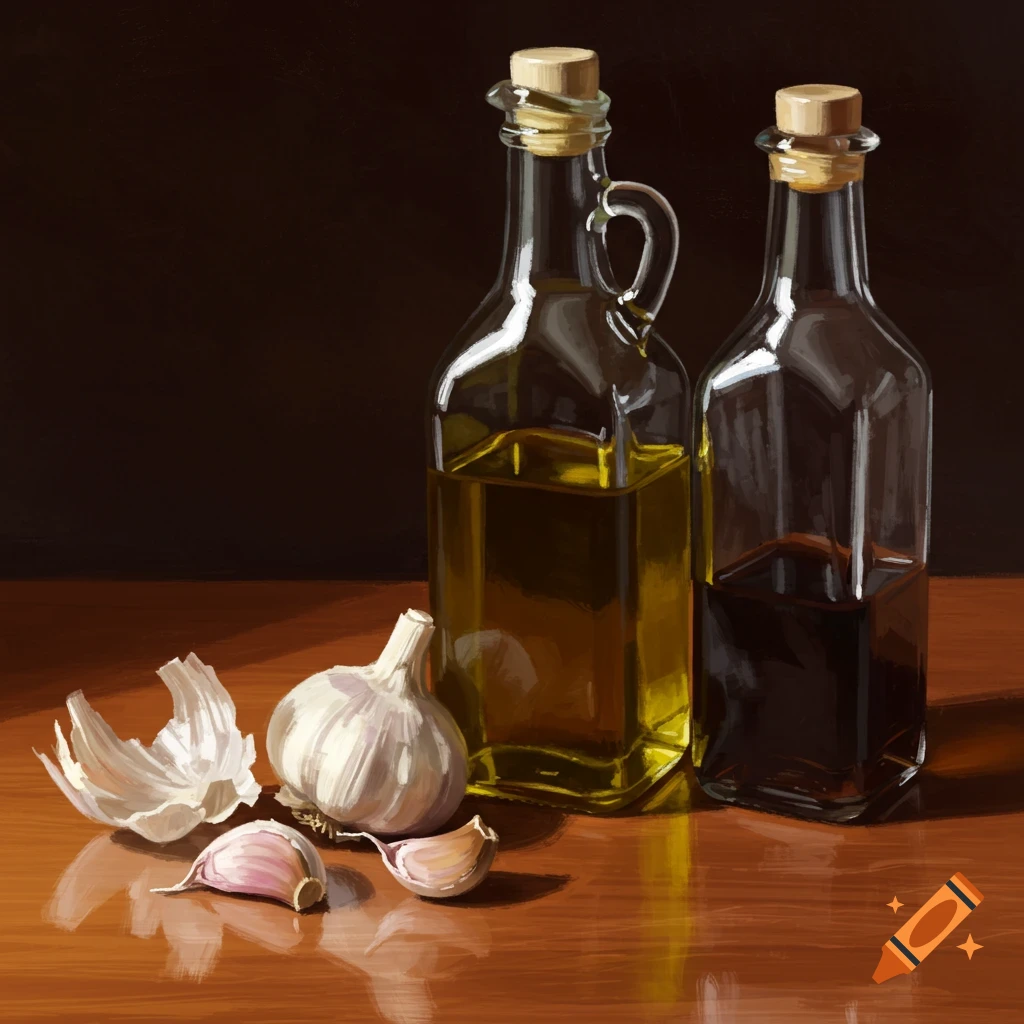 Still life of oil and vinegar bottles, garlic, and garlic peels on a counter.