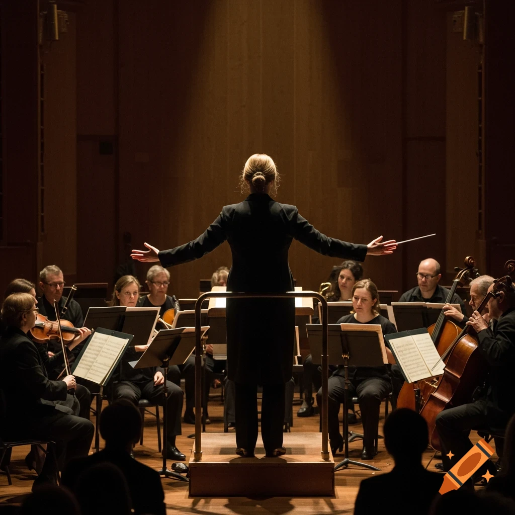 A conductor seen from behind, leading an orchestra in a concert hall.