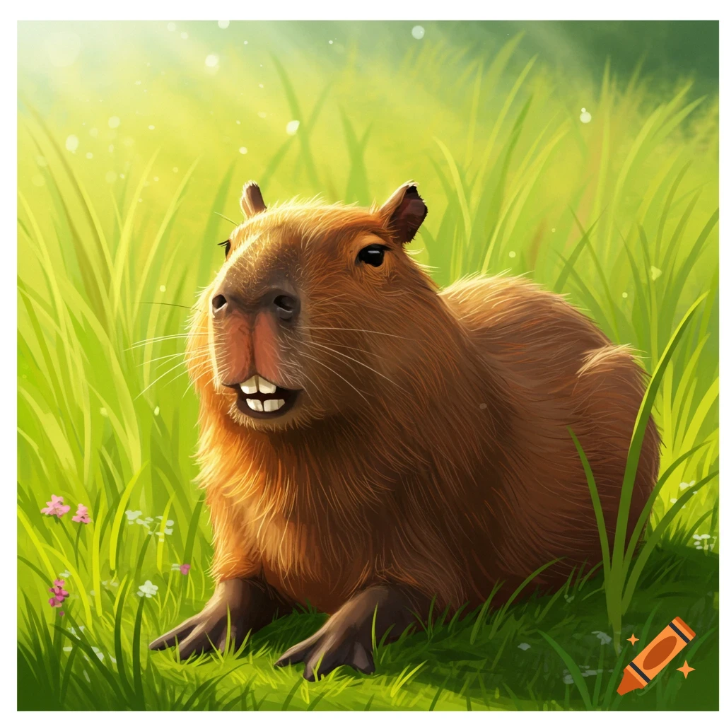 A cartoon capybara sitting in tall grass.