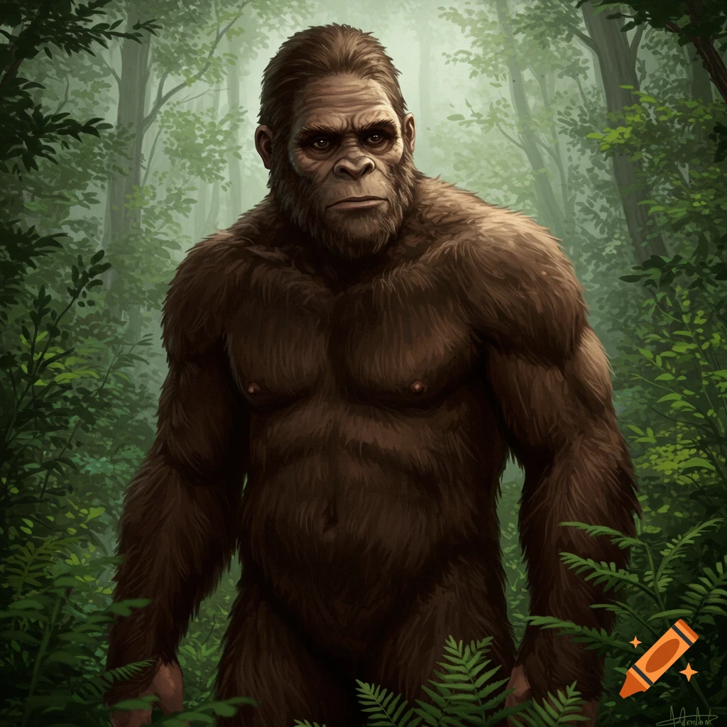 A depiction of Bigfoot standing in a misty forest clearing.