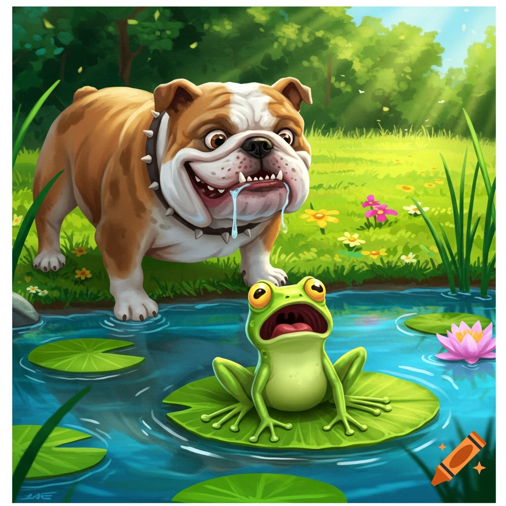 A drooling bulldog looking at a scared frog on a lily pad.