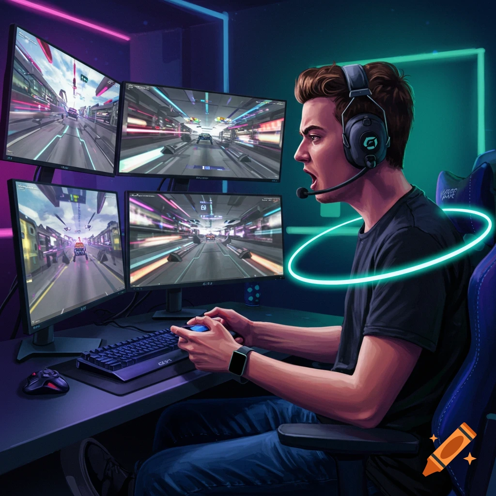 A person intensely gaming on multiple monitors in a neon-lit room.