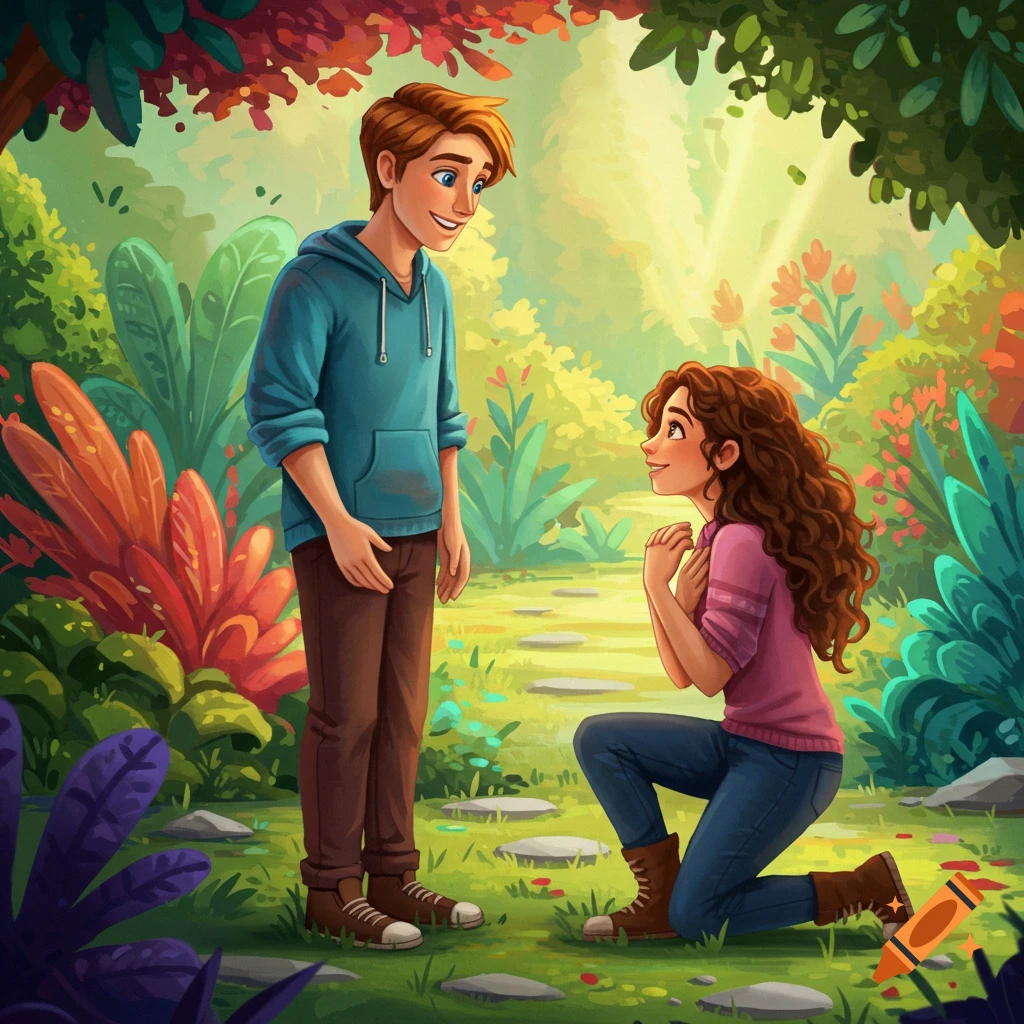 Cartoon illustration of a young woman kneeling in a lush forest, looking up at a young man standing beside her.