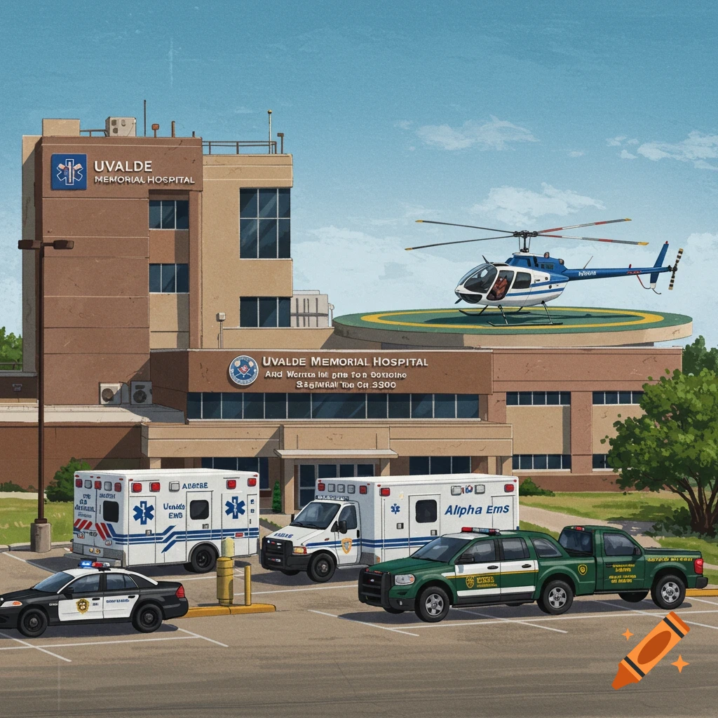 Illustration of Uvalde Memorial Hospital with ambulances, police car, truck, and helicopter.