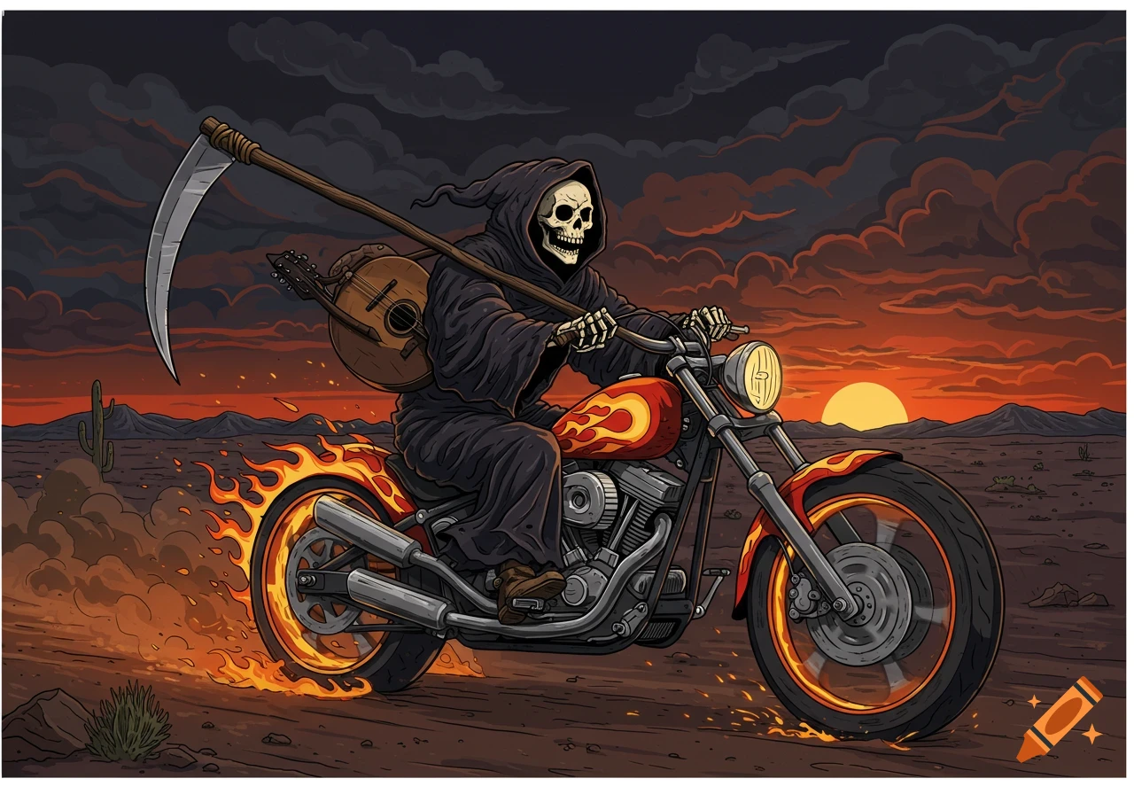 Illustration of the Grim Reaper riding a flaming motorcycle through a desert at sunset, carrying a scythe and mandolin.