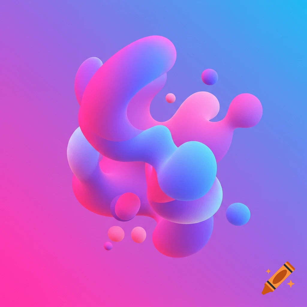 Abstract 3D render of pink and blue fluid shapes floating against a gradient background.