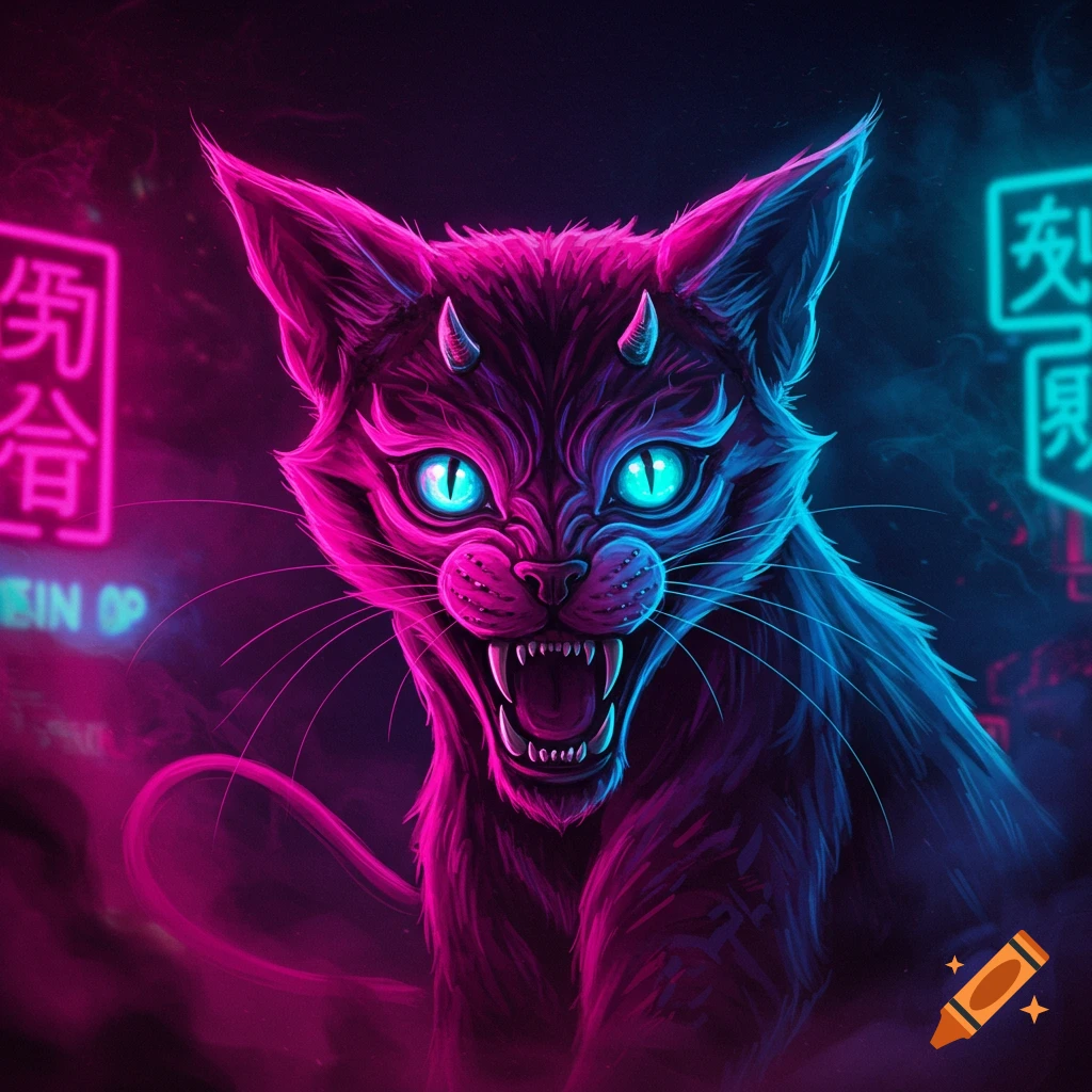 A stylized cat with horns, glowing blue eyes, and bared fangs under neon light.