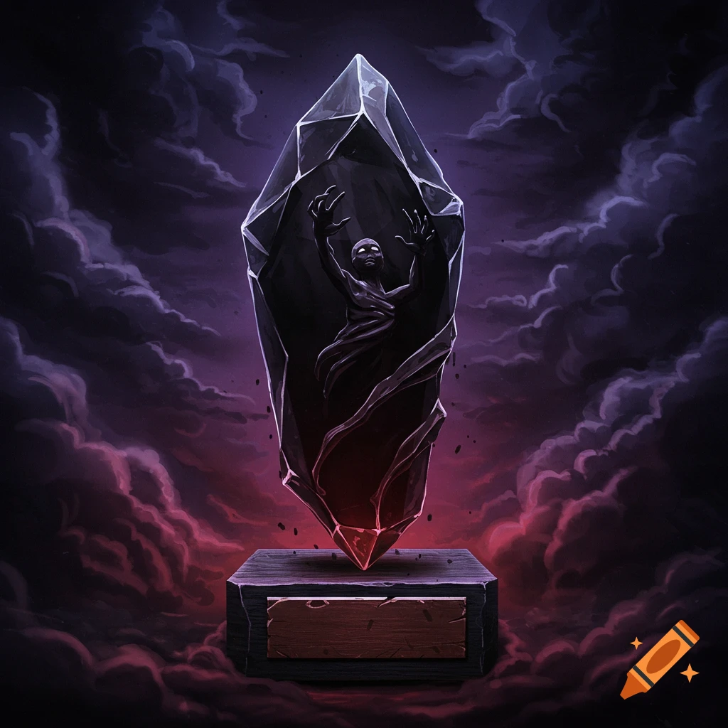 Dark fantasy illustration of a jagged crystal award trapping a figure, on a base surrounded by dark clouds.