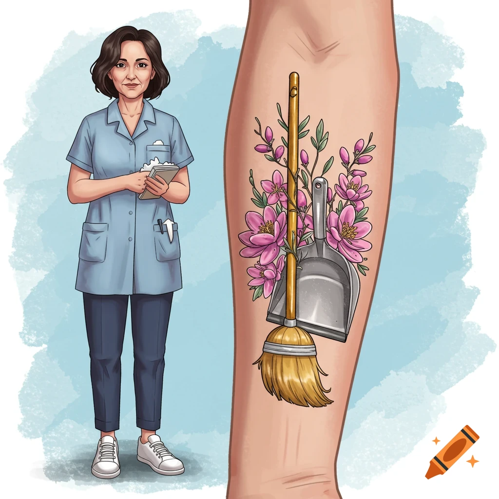 A cleaning lady stands beside a tattoo of a broom, dustpan, and pink flowers on an arm.