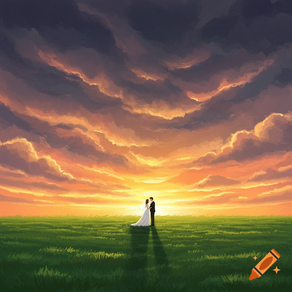 Bride and groom in a field at sunset