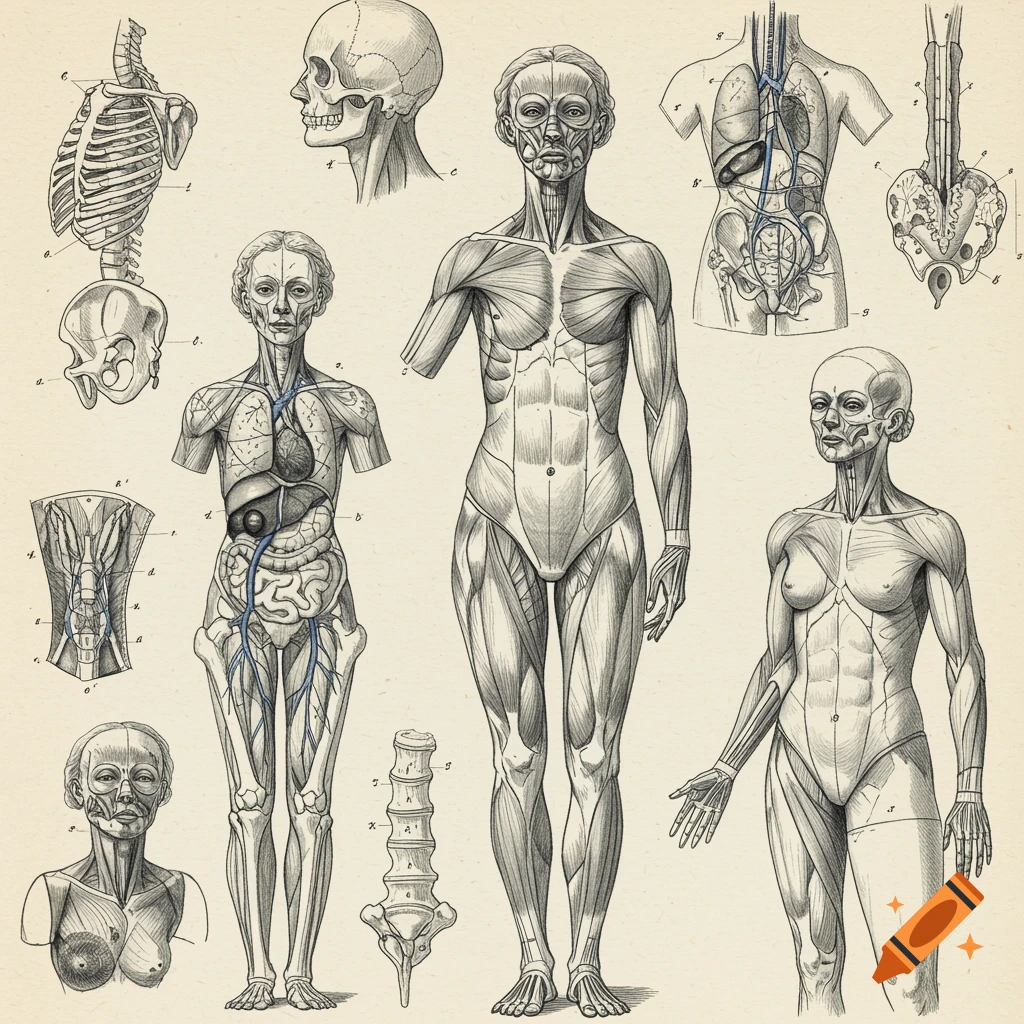 Vintage scientific illustrations of female anatomy including skeleton, muscles, and organs.