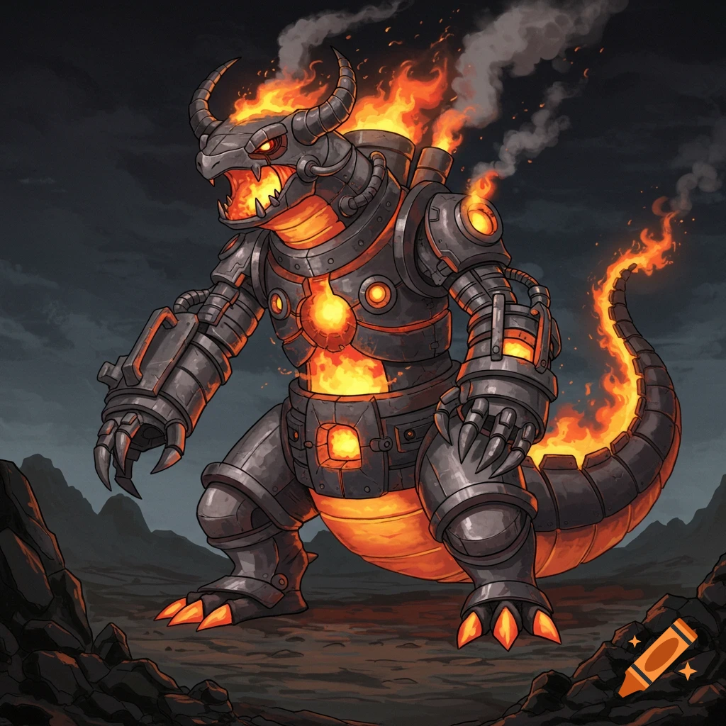 A powerful mechanical dragon-like creature made of metal and fire stands in a dark, rocky landscape.