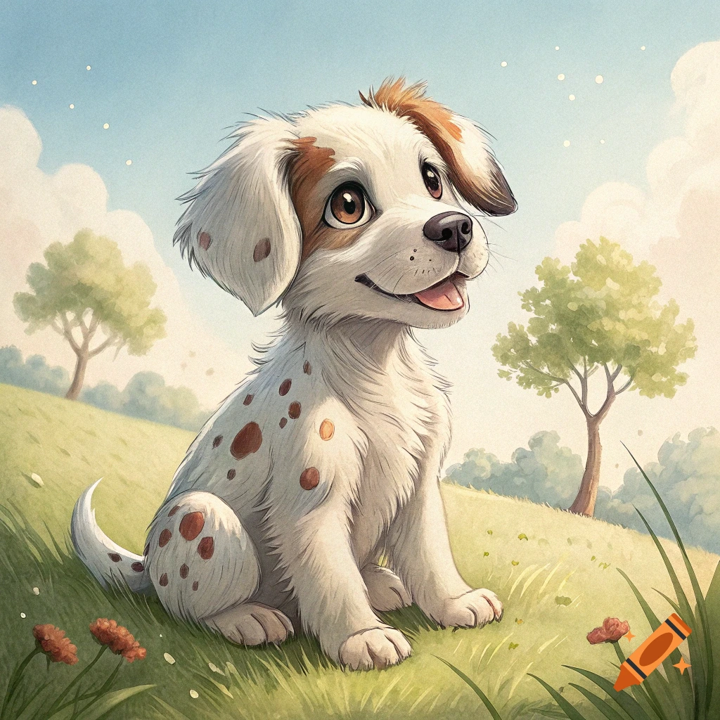 A cute spotted puppy sits in a grassy field under a blue sky. Illustration style.