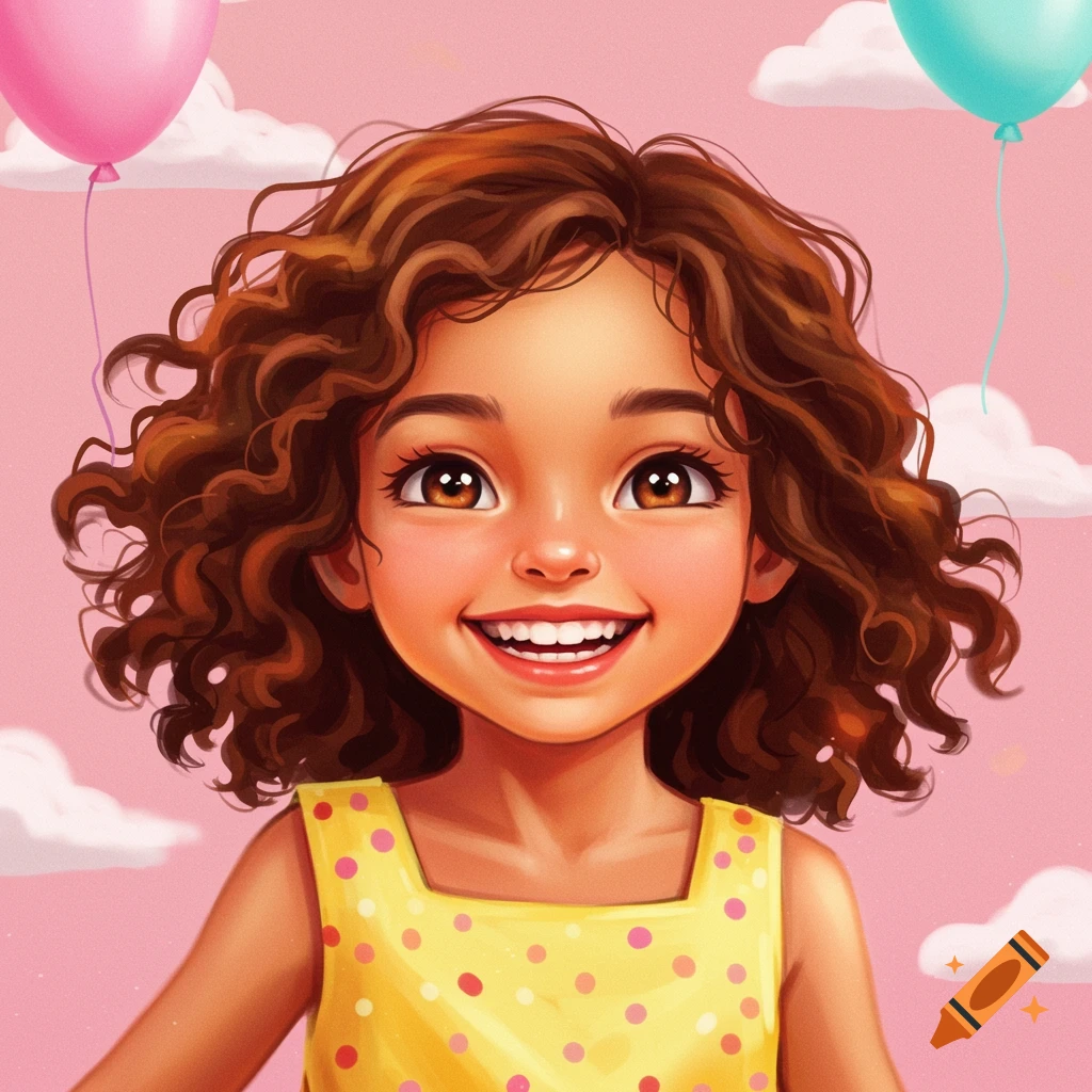 A happy young girl with curly hair in a yellow polka dot dress against a pink sky with balloons.