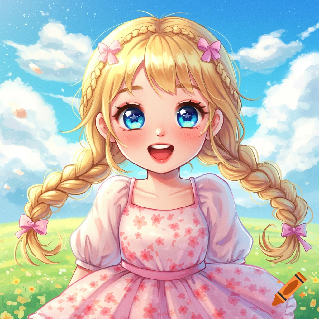 Anime style portrait of a young girl with blonde braids and a pink dress in a sunny field.
