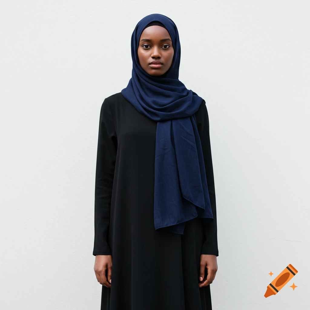 A woman wearing a navy blue hijab and black dress stands against a white background.