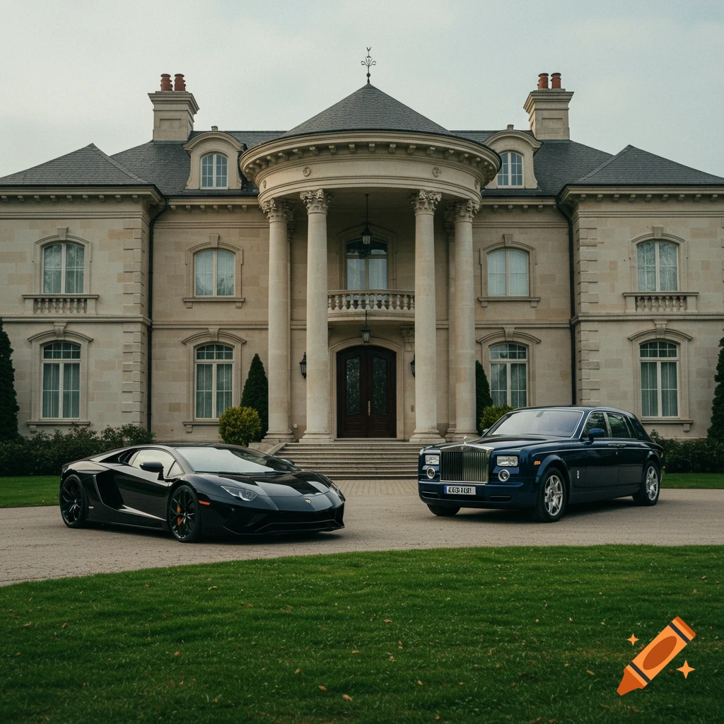 A black Lamborghini and a blue Rolls Royce parked in front of a large mansion.
